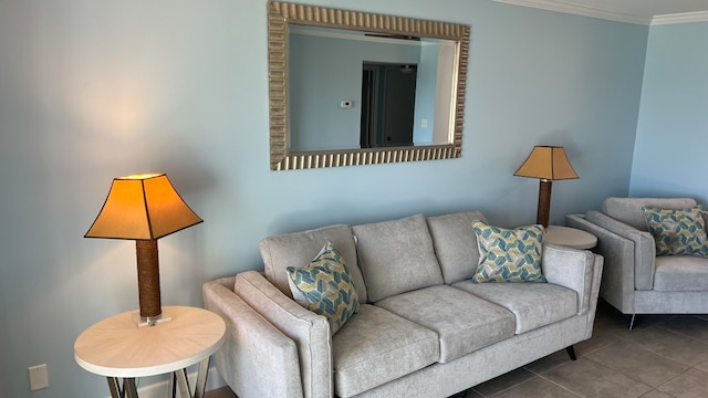 tiled living room featuring crown molding