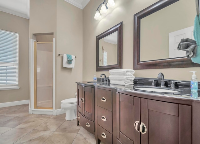 bathroom with tile floors, a shower with shower door, oversized vanity, dual sinks, and toilet