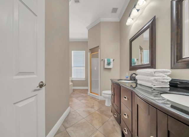 full bathroom featuring crown molding, tile floors, separate shower and tub, dual vanity, and toilet