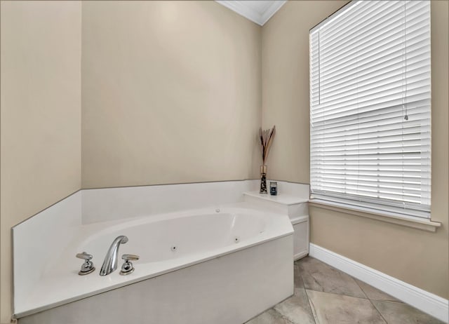 bathroom featuring crown molding, a bath, and tile flooring