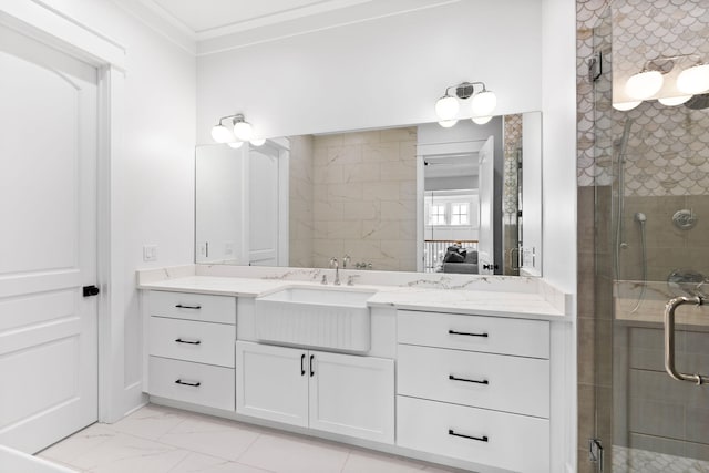 bathroom featuring a shower with door, crown molding, vanity, and tile floors