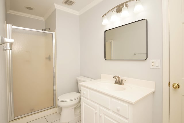 bathroom with vanity, a shower with door, tile patterned flooring, toilet, and ornamental molding