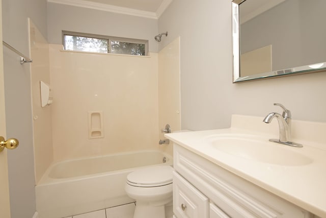 full bathroom featuring vanity, shower / washtub combination, crown molding, tile patterned flooring, and toilet