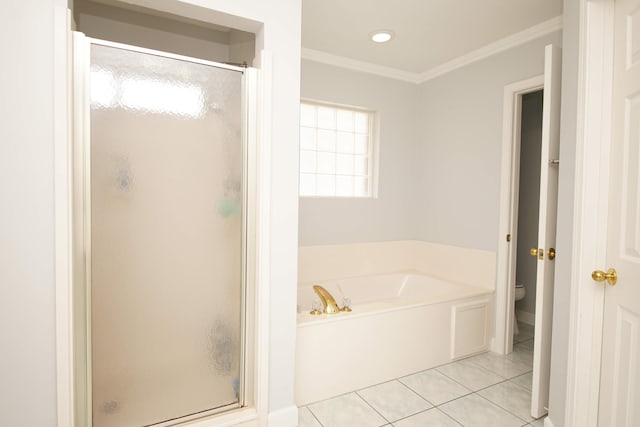 bathroom with tile patterned flooring, plus walk in shower, toilet, and crown molding