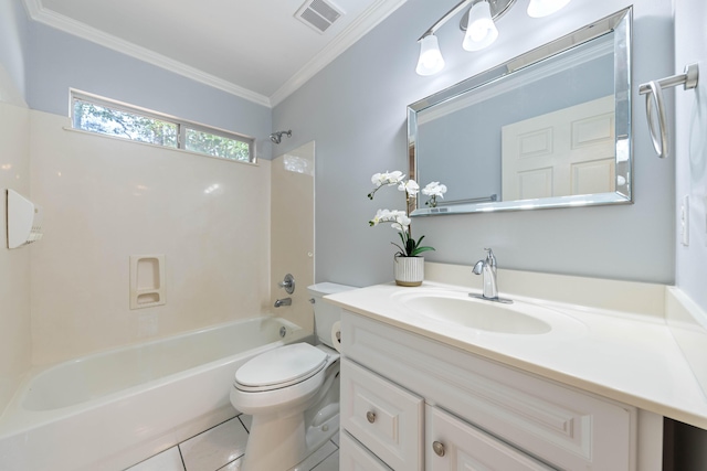 full bathroom featuring tile patterned floors, toilet, crown molding, shower / tub combination, and vanity