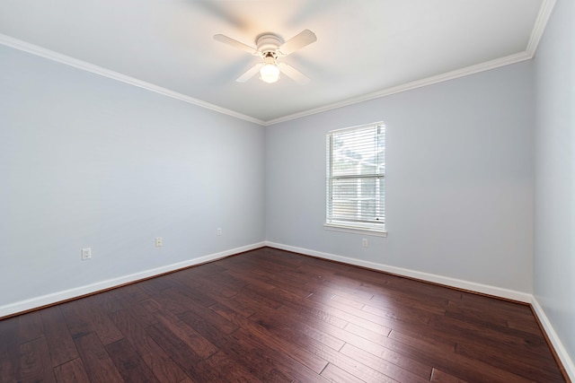 empty room featuring wood-type flooring, ornamental molding, and ceiling fan