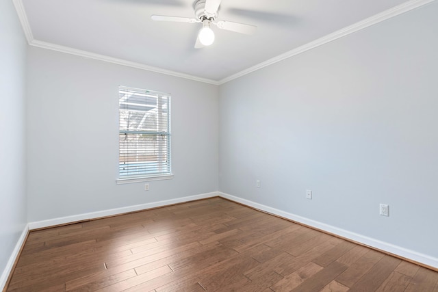 unfurnished room featuring hardwood / wood-style flooring, ornamental molding, and ceiling fan