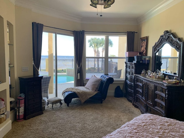 bedroom featuring carpet, access to exterior, a water view, and ornamental molding