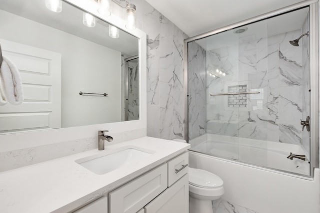 full bathroom featuring vanity, tile floors, toilet, and enclosed tub / shower combo