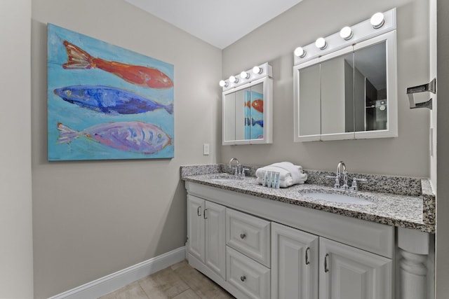 bathroom featuring wood-type flooring and dual vanity