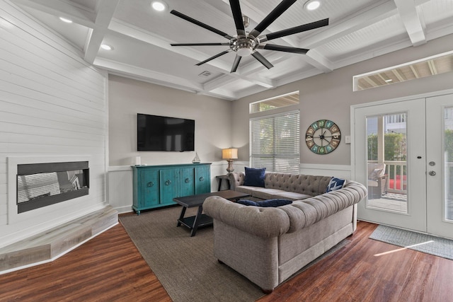 living room featuring french doors, coffered ceiling, dark wood-type flooring, and ceiling fan