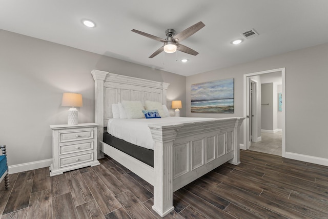 bedroom featuring ceiling fan and dark tile floors