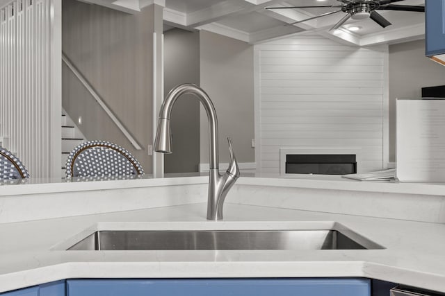 interior details with ornamental molding, sink, ceiling fan, and a fireplace