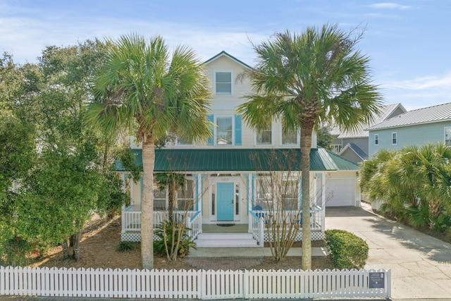 coastal home featuring a garage and a porch