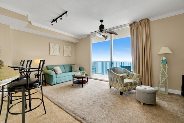 living room with ceiling fan, crown molding, rail lighting, and a textured ceiling