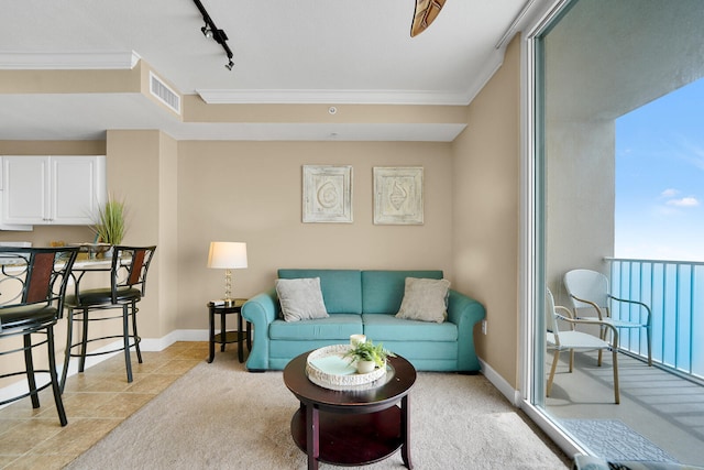 tiled living room featuring rail lighting, plenty of natural light, and crown molding