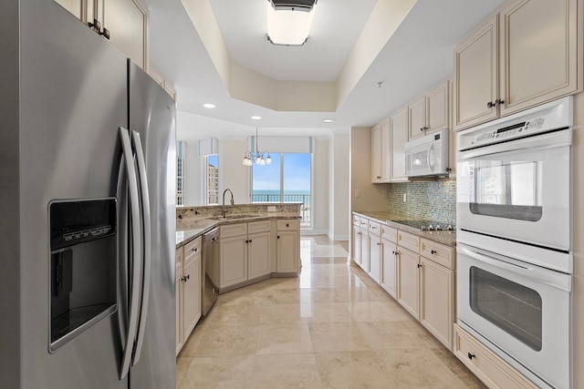 kitchen featuring light stone countertops, tasteful backsplash, stainless steel appliances, a tray ceiling, and a notable chandelier