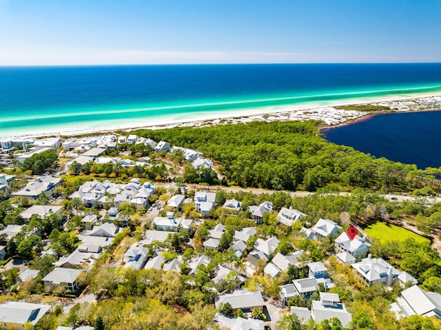 aerial view featuring a beach view and a water view