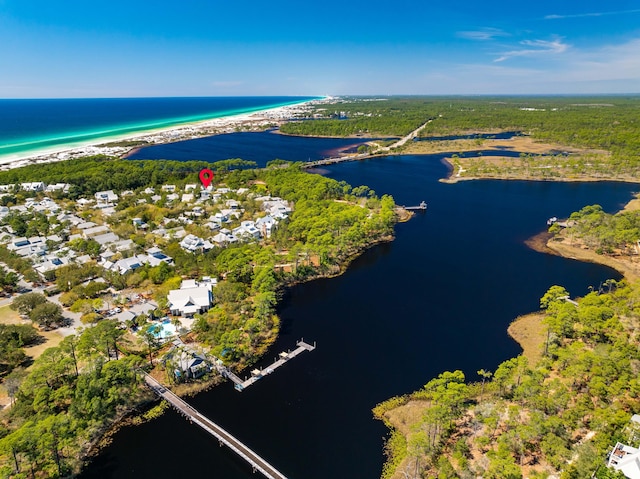 bird's eye view with a water view