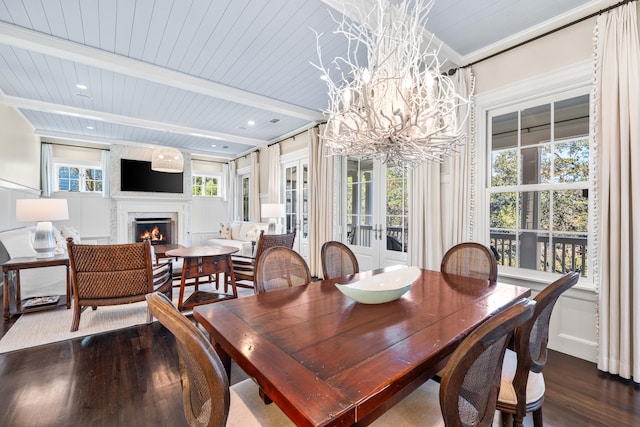 dining room featuring a chandelier, a healthy amount of sunlight, dark hardwood / wood-style flooring, and a large fireplace