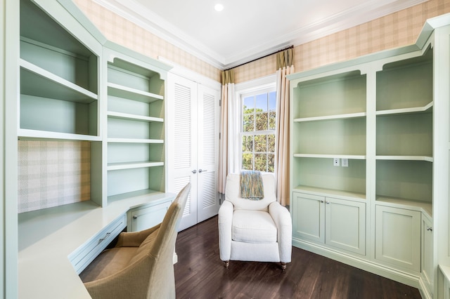 office with ornamental molding and dark wood-type flooring