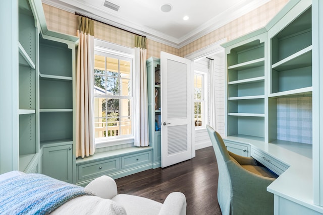 office space featuring crown molding and dark wood-type flooring