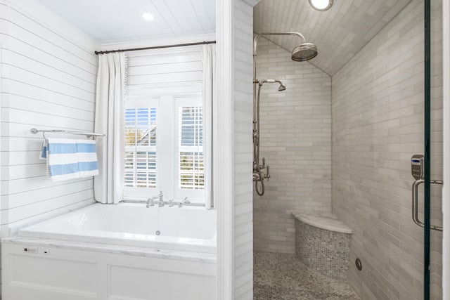 bathroom featuring separate shower and tub and wooden ceiling