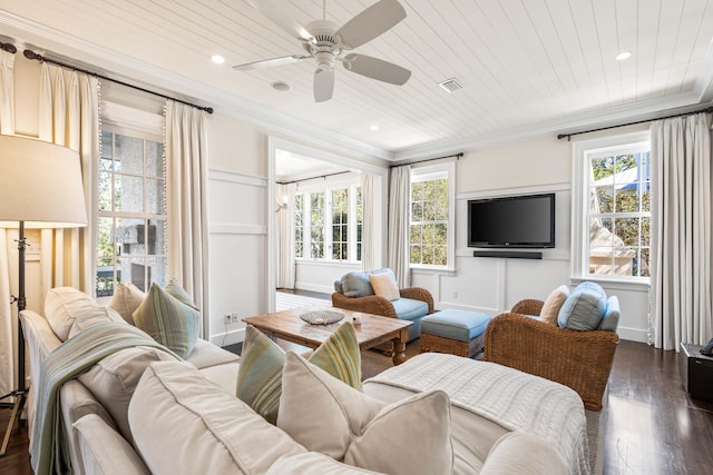 living room with plenty of natural light, ceiling fan, dark hardwood / wood-style floors, and wooden ceiling