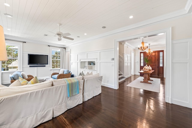 living room with ceiling fan with notable chandelier, wooden ceiling, dark wood-type flooring, and crown molding