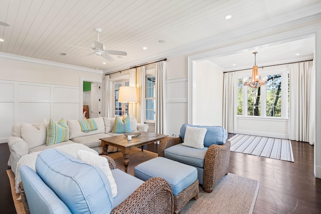 living room with ceiling fan with notable chandelier, crown molding, dark hardwood / wood-style floors, and wooden ceiling