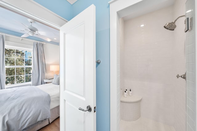 bedroom featuring ceiling fan and hardwood / wood-style flooring