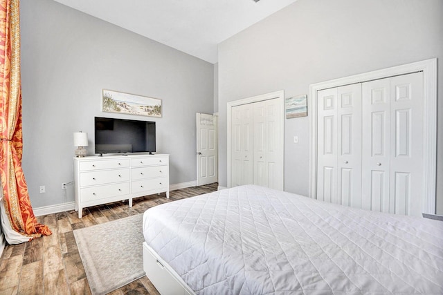 bedroom with high vaulted ceiling, hardwood / wood-style flooring, and multiple closets