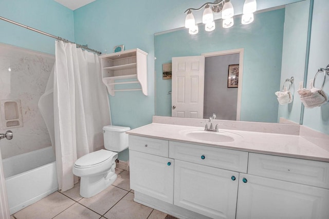 full bathroom with shower / bath combination with curtain, tile flooring, toilet, and large vanity