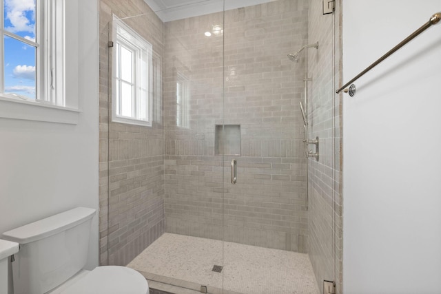 bathroom featuring a shower with door and toilet