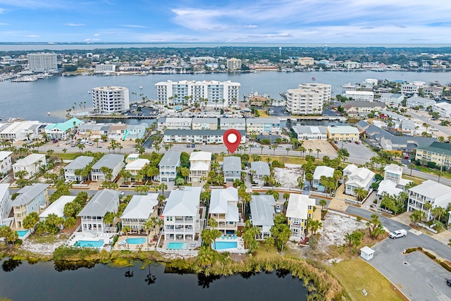 aerial view featuring a water view