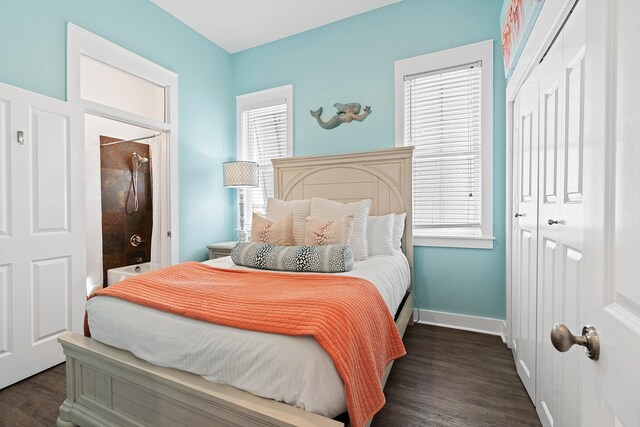 bedroom featuring dark wood-type flooring and a closet