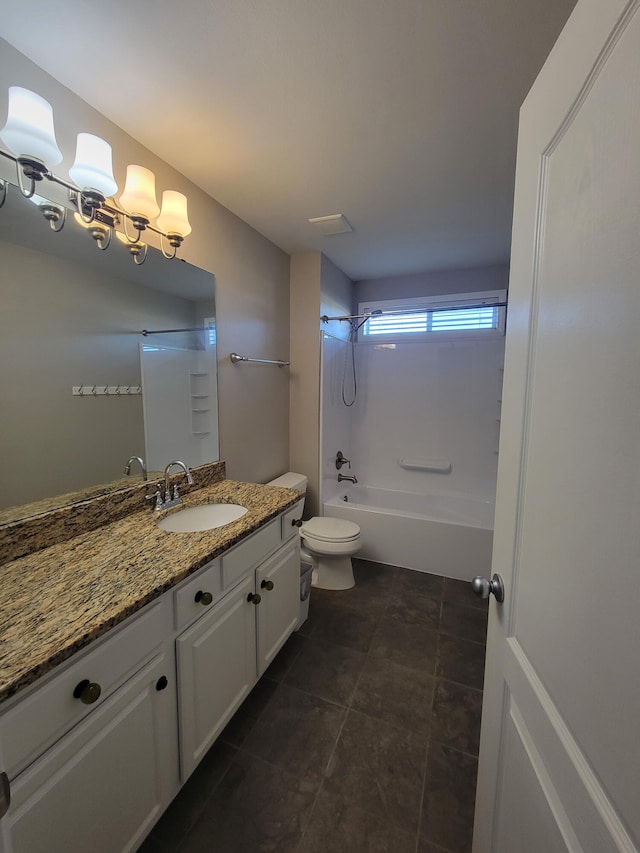 full bathroom featuring shower / bathtub combination, toilet, vanity, and tile patterned floors