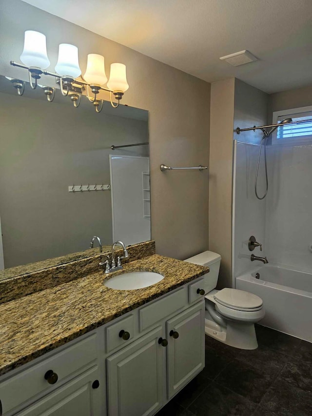 full bathroom with toilet, vanity, shower / tub combination, and tile patterned floors