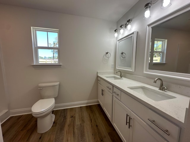 bathroom featuring vanity, a healthy amount of sunlight, toilet, and wood-type flooring