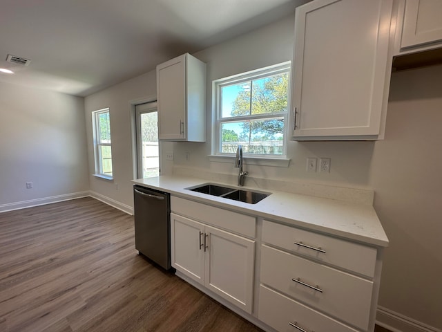 kitchen featuring light stone countertops, white cabinetry, sink, dark wood-type flooring, and stainless steel dishwasher