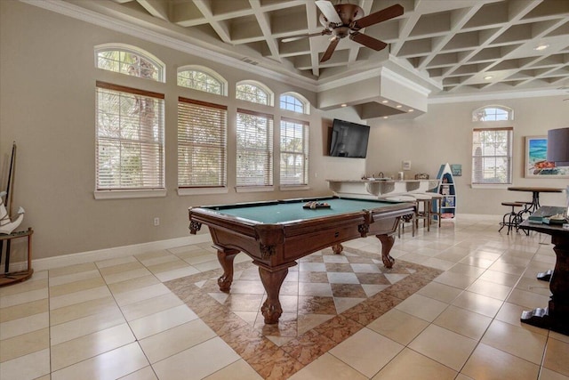 rec room with light tile patterned floors, coffered ceiling, ceiling fan, pool table, and ornamental molding