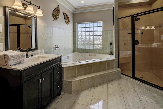 bathroom featuring separate shower and tub, vanity, tile walls, and tile patterned floors