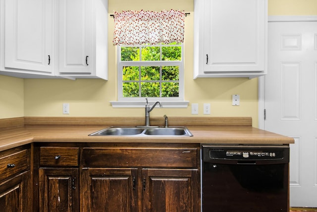 kitchen featuring dark brown cabinetry, a sink, white cabinetry, light countertops, and dishwasher