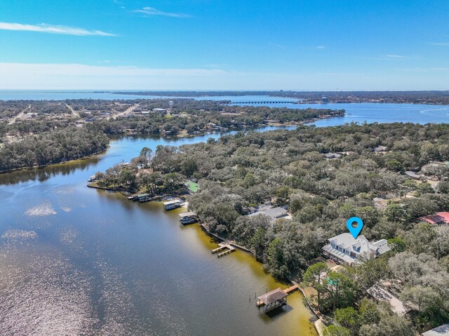 drone / aerial view with a water view