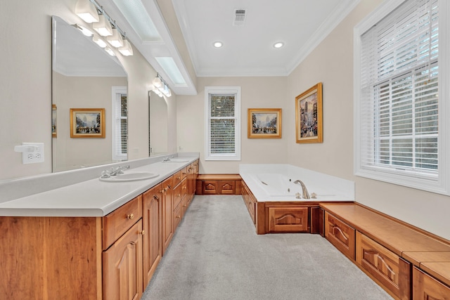 bathroom with a bath, crown molding, and double vanity