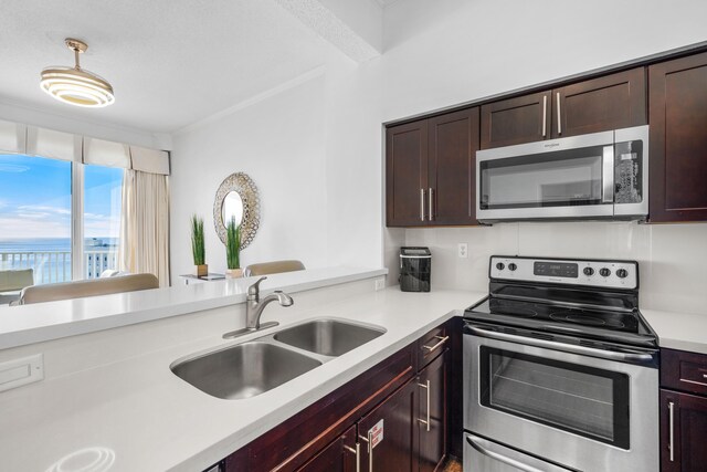 kitchen featuring kitchen peninsula, appliances with stainless steel finishes, ornamental molding, dark brown cabinetry, and sink