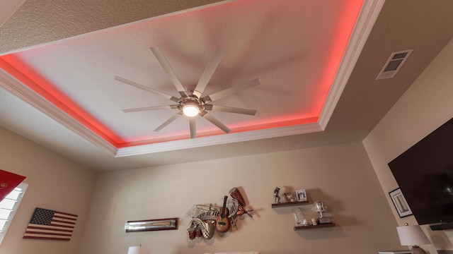 room details with crown molding, ceiling fan, and a raised ceiling