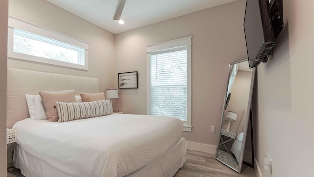 bedroom with wood-type flooring, ceiling fan, and multiple windows