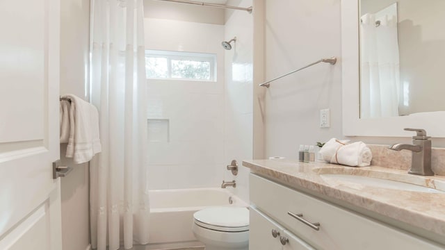 full bathroom with toilet, oversized vanity, and shower / bath combination with curtain