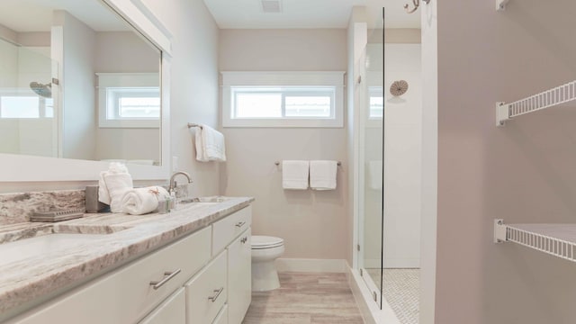 bathroom featuring a shower with door, a healthy amount of sunlight, toilet, and large vanity